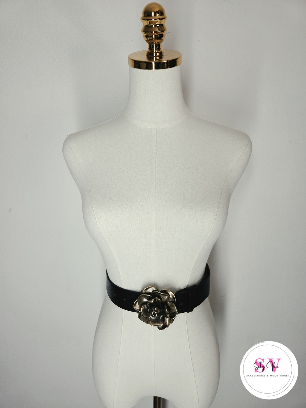 Black Belt with Gold Flower Buckle